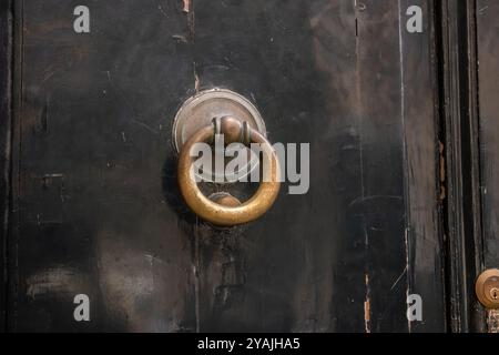 Vecchia porta in legno con battente in ottone, dettaglio di una maniglia Foto Stock