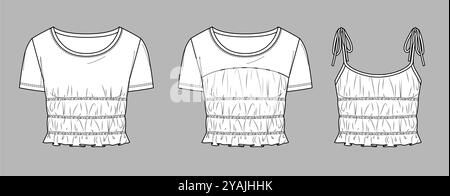 Top Vector a manica corta con dettagli di raccolta CAD moda, blusa da donna con collo rotondo corta con dettagli frill disegno tecnico, modello, mock-up, Illustrazione Vettoriale