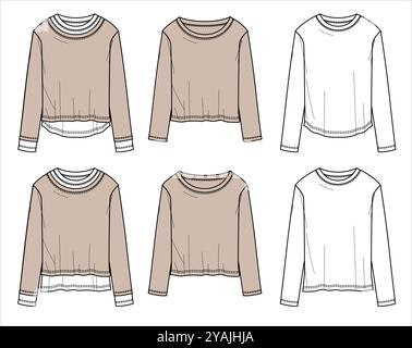 T shirt Vector doppia manica lunga fashion CAD, donna invernale girocollo, disegno tecnico, modello, schizzo, piatto, mock-up. Jersey Modern 6 Illustrazione Vettoriale