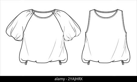 Vector girocollo moda CAD, donna set da 2 pezzi t shirt disegno tecnico, T-shirt a maniche corte con piano di raccolta, sagoma, schizzo. Maglia o tessitura Illustrazione Vettoriale