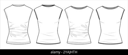 Top Vector con collo rotondo, t shirt da donna con spalla goccia disegno tecnico, top a maniche corte piatto, template, sketch. Jersey o tessuto Illustrazione Vettoriale