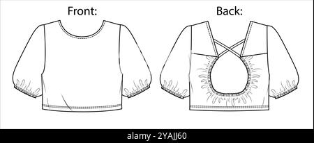 Top Vector a manica corta con dettagli in CAD moda, blusa da donna con collo rotondo corto con disegno tecnico aperto sul retro, modello, mock-up, sk Illustrazione Vettoriale