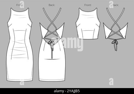 Abito da festa senza maniche per donna vettoriale con collo a metà CAD, canotta con tracolla disegno tecnico, modello, piatto, schizzo. Maglia o tessitura Illustrazione Vettoriale