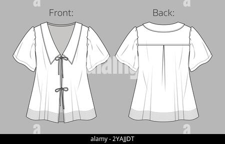 Top Vector a manica corta con dettagli di moda CAD, camicetta da donna con scollo a V e fiocchi disegno tecnico, modello, mock-up, schizzo. Camicia con co Illustrazione Vettoriale