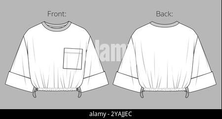 Vettoriale con collo rotondo, disegno tecnico t shirt da donna, T-shirt a maniche corte con raccolta piatta, modello, schizzo. Maglia o tessuto fab Illustrazione Vettoriale