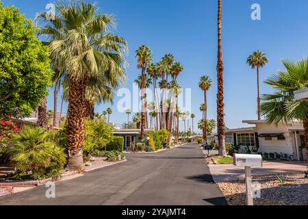 Palm Springs, CALIFORNIA, US-22 maggio 2024: Strada in prossimità di case mobili moderne di lusso della metà del secolo. Foto Stock