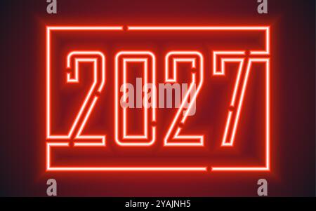 Felice anno nuovo 2027, motivo festivo con scritta al neon su sfondo a colori per biglietto d'invito, buon Natale, felice anno nuovo, saluto CA Illustrazione Vettoriale