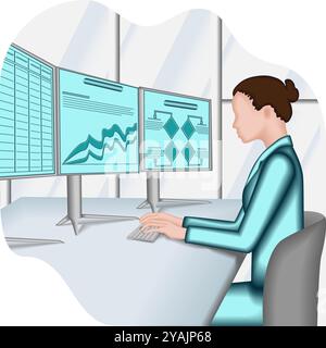 Una donna sta studiando i rapporti per identificare e comprendere i problemi nel processo decisionale. Concetto di business. Illustrazione vettoriale 2D. Illustrazione Vettoriale