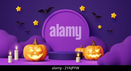 Palcoscenico 3d di Halloween con zucche, candele e pipistrelli volanti. Scena festosa inquietante e spettrale con piattaforma rotonda circondata da lanterne luminose e lume di candela su sfondo viola scuro Illustrazione Vettoriale