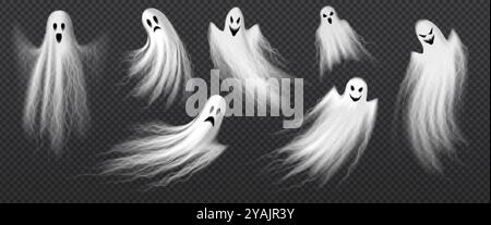 Realistico Halloween spaventoso fantasmi volanti. Set vettoriale 3d isolato di silhouette bianche trasparenti o spiritose con volti spettrali. Fantasmi galleggianti delle vacanze horror o ombre da incubo, figure nebbiose Illustrazione Vettoriale