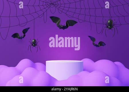 Palcoscenico 3d di Halloween con ragni neri appesi a ragnatele e pipistrelli che volano su uno sfondo viola. Misteriosa scena notturna vettoriale con scena rotonda circondata da nuvole Illustrazione Vettoriale