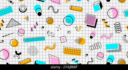 Sfondo moderno astratto di Memphis senza cuciture. Ornamento geometrico vettoriale con forme e elementi retrò moderni in stile anni '80 su pagina notebook a scacchi. Piastrelle vivaci con figure creative brillanti Illustrazione Vettoriale