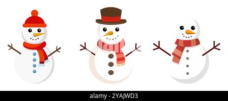 Set di simpatici pupazzi di neve vettoriali di Natale in diversi cappelli e sciarpe. Illustrazione del nuovo anno Illustrazione Vettoriale