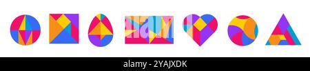 Set di giochi Tangram di oggetti colorati per giochi logici in stile cartoni animati. Illustrazione Vettoriale