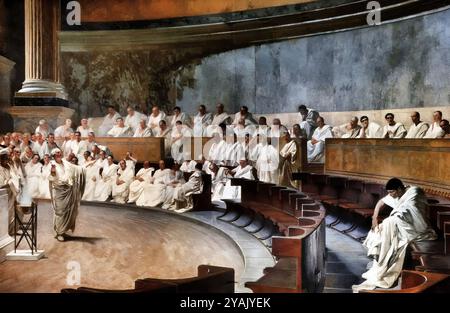 Cesare Maccari. Dipinto intitolato Cicero denuncia Catilina al Senato romano del pittore e scultore italiano Cesare Maccari (1840-1919), affresco a Palazzo Madama, Roma, 1889 Foto Stock