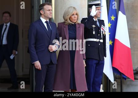 Parigi, Francia, il 14 ottobre 2024, visita di stato delle loro maestose il re e la regina dei belgi in Francia, Brigitte Macron, Emmanuel Macron. Francois Loock/Alamy Live News Foto Stock