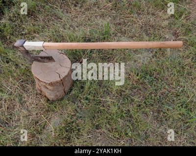 Axe Stuck in the Stump: Preparazione invernale Foto Stock