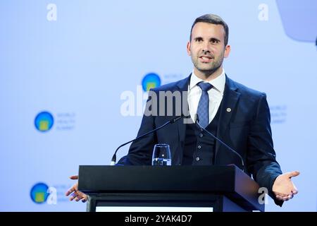 Berlino, Germania. 14 ottobre 2024. Milojko Spajic, primo Ministro del Montenegro, parla alla conferenza "World Health Summit" al Marriott Hotel. Credito: Annette Riedl/dpa/Alamy Live News Foto Stock