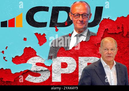 Baviera, Germania - 14 ottobre 2024: Caricatura, Cancelliere federale Olaf Scholz davanti al logo SPD rotto, accanto al presidente federale, Cancelliere candidato del partito CDU Friedrich Merz. Simbolo di critica, disputa e disaccordo tra i due politici. FOTOMONTAGGIO *** Karikative Darstellung, Bundeskanzler Olaf Scholz vor kaputten SPD Logo, neben Bundesvorsitzenden, Kanzlerkandidat der Partei CDU Friedrich Merz. Symbol für Kritik, Streit und Uneinigkeit der beiden Politiker. FOTOMONTAGE Foto Stock