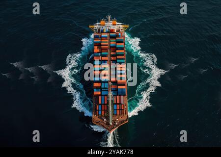 Vista sui container caricati sul ponte della grande nave da carico. Sta navigando attraverso l'oceano calmo e blu. Foto Stock