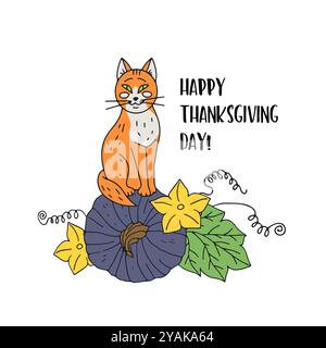 Biglietto d'auguri per il giorno del Ringraziamento con gatto e zucca carini. Testo buon giorno del Ringraziamento Illustrazione Vettoriale