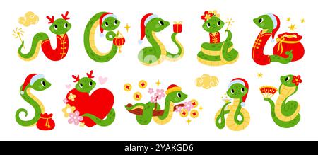 Serpenti di Capodanno. Serpenti divertenti. Personaggi dell'oroscopo. Animali zodiacali cinesi. 2025 simboli dello zoo. Mascotte rettili che portano fortuna o benessere. Pot Illustrazione Vettoriale
