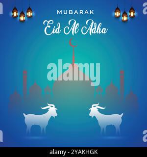 Banner EID ul Adha Design unico con moschea, moschea Bakra Eid, capra, vettore Illustrazione Vettoriale