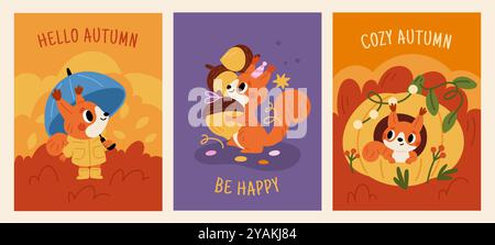 Scoiattoli carini. Cartellini autunnali. Piccoli animali rossi. Caratteri della foresta. I roditori fanno scorta di noci e ghiande per l'inverno. Ciao stagione autunnale. Happ Illustrazione Vettoriale