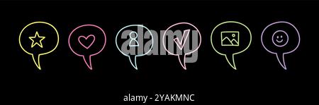 Colorate e simpatiche linee di dialogo per bambini. Casella di testo per bambini scolastici. La reazione dei social media, tipo, segue i simboli. Acido al neon disegnato a mano eleme Illustrazione Vettoriale