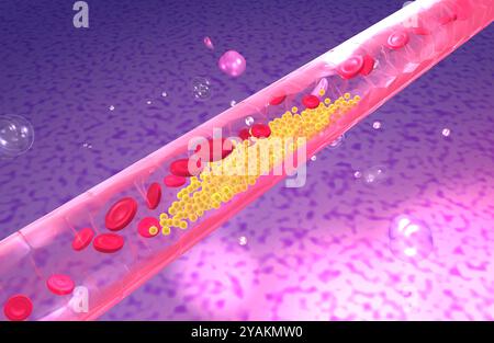 Illustrazione anatomica 3d dell'interno di un'arteria con il movimento dei globuli rossi su uno sfondo organico. Foto Stock