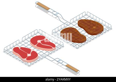 Isometric Grilled Meat, salsiccia su griglia. Scena barbecue con grigliate con vari tipi di carne. L'allestimento cattura l'essenza del barbecue all'aperto Illustrazione Vettoriale