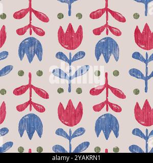 Motivo floreale vintage senza cuciture in stile folk scandinavo. Motivo retrò senza cuciture con fiori di tulipani grunge Foto Stock