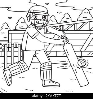 Giocatore di cricket che sta colpendo la pagina di colorazione della palla Illustrazione Vettoriale