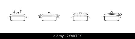 Set di icone lineari per utensili da cucina. Padelle lineari nere. Bollitori per la cottura a vapore per il vettore dei contorni degli alimenti. Il processo di ebollizione in pentole. Preparazione degli alimenti b Illustrazione Vettoriale