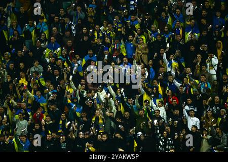 Breslavia, Polonia. 14 ottobre 2024. Tifosi dell'Ucraina in azione durante il gruppo B1 della Lega delle Nazioni, 4 ° turno partita: Ucraina contro Repubblica Ceca a Wroclaw, Polonia, 14 ottobre 2024. Crediti: David Tanecek/CTK Photo/Alamy Live News Foto Stock