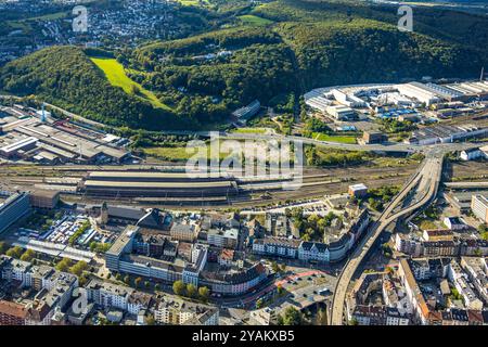 Luftbild, Bahnhofshinterfahrung und Hauptbahnhof Hbf mit überdachten Bahnsteigen und Bahnhofsvorplatz, Waldgebiet Philippshöhe, alte Schraubenfabrik Hagen am Waldrand, Mittelstadt, Hagen, Ruhrgebiet, Nordrhein-Westfalen, Deutschland ACHTUNGxMINDESTHONORARx60xEURO *** Vista aerea, passaggio posteriore della stazione e stazione principale Hbf con piattaforme coperte e piazzale della stazione, area forestale Philippshöhe, vecchia fabbrica di viti Hagen ai margini della foresta, centro, Hagen, zona della Ruhr, Renania settentrionale-Vestfalia, Germania ACHTUNGxMINDESTHONORARx60xEURO Foto Stock