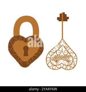 Chiave dorata e lucchetto a forma di cuore. Concetto di amore forte. Illustrazione per San Valentino, matrimonio. Illustrazione vettoriale isolata su ba bianca Illustrazione Vettoriale