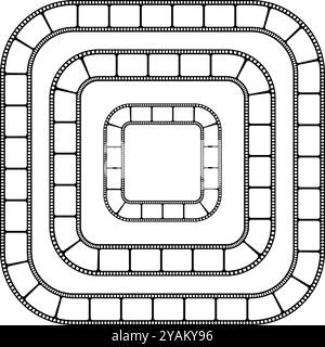 Diversi fotogrammi con strisce di pellicola come bordo. Nastri per filmati o fotocamere di forma quadrata. Layout storyboard. Photographies modelli di collage. Illustrazione grafica vettoriale. Illustrazione Vettoriale