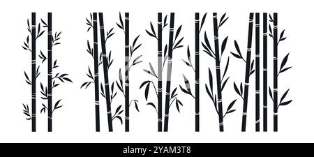 Steli della foresta di bambù. Steli di bambù nella giungla silhouette, rami di bambù con foglie, set decorativo vettoriale piatto in bambù. Alberi di inchiostro nero accesi Illustrazione Vettoriale
