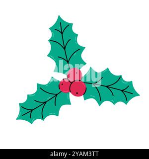 Christmas holly Foglia isolata. Immagine vettoriale di tre foglie di ilex e bacche. Carino simbolo della festa di Natale Illustrazione Vettoriale
