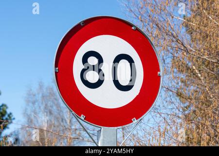 Segnale di velocità di 80 km/h a Tekapo (Takapō), Canterbury, South Island, nuova Zelanda Foto Stock