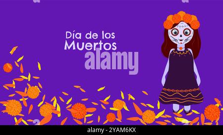 Il giorno della morte. Dia De Los Muertos. Tradizionale festa messicana in onore delle anime del defunto. Ragazza e sentiero di calendula. Disegna banner per cartoline. Vettore. Illustrazione Vettoriale