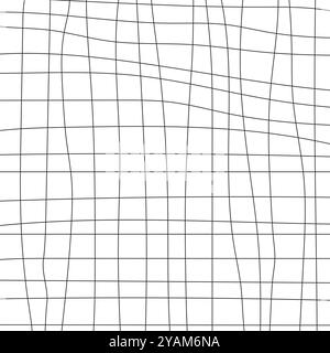 Motivo a griglia astratta ondulata in nero. Le linee sottili creano forme quadrate distorte. Illustrazione Vettoriale