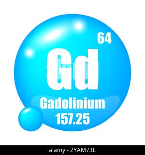 Icona GD. Elemento di gadolinio. Numero atomico 64. Massa 157.25. Sfondo sfera blu. Simbolo vettoriale. Illustrazione Vettoriale