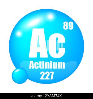 Icona attinio. Elemento chimico CA. Numero atomico 89. Massa 227. Immagine sfera blu. Simbolo vettoriale. Illustrazione Vettoriale