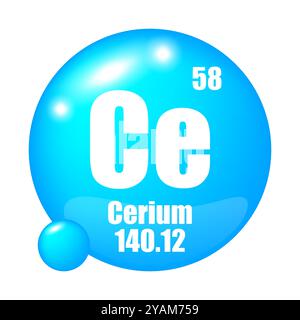 Icona del cerio. Elemento chimico CE. Numero atomico 58. Massa 140.12. Simbolo della sfera blu. Illustrazione Vettoriale
