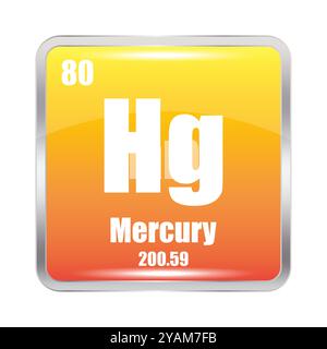 Icona mercurio. Elemento chimico Hg. Numero atomico 80. Massa 200.59. Simbolo quadrato giallo. Illustrazione Vettoriale