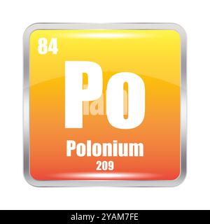 Icona polonio. Elemento chimico po. Numero atomico 84. Massa 209. Immagine quadrata gialla. Simbolo vettoriale. Illustrazione Vettoriale
