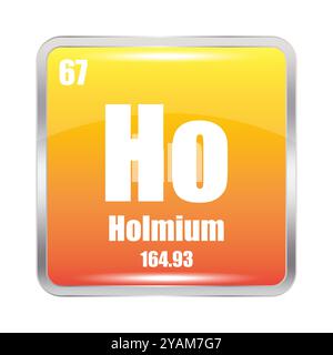 Icona dell'olmio. Elemento chimico ho. Numero atomico 67. Massa 164.93. Quadrato arancione. Illustrazione Vettoriale