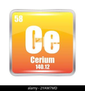 Icona del cerio. Elemento chimico CE. Numero atomico 58. Massa 140.12. Immagine quadrata arancione. Simbolo vettoriale. Illustrazione Vettoriale